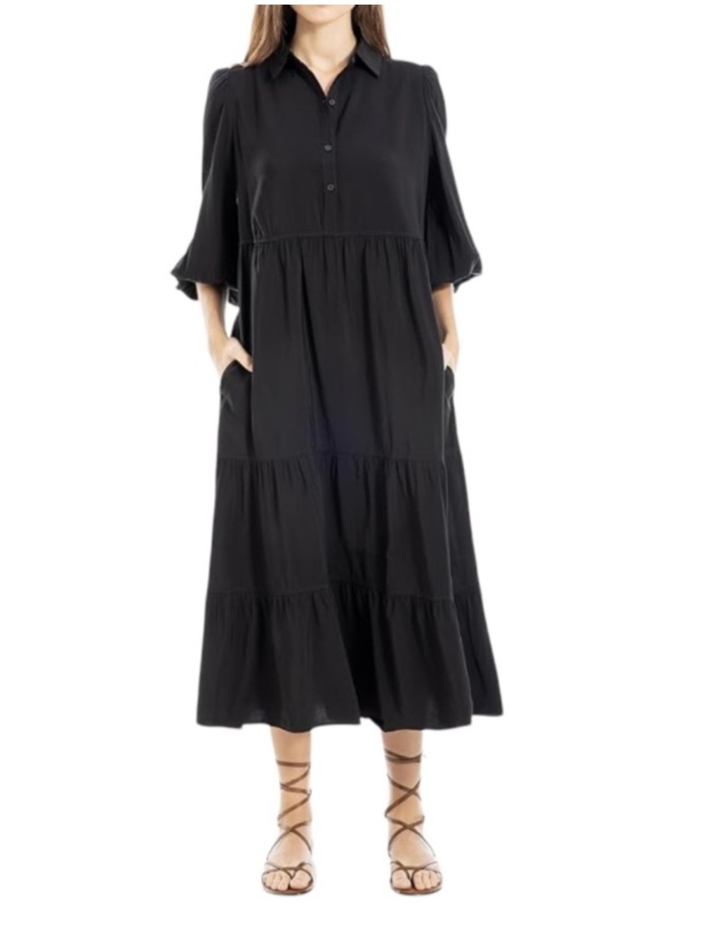 Max Studio London Maxi Dress Tiered
Button Front Pockets Black
Elbow Sleeve (S)
